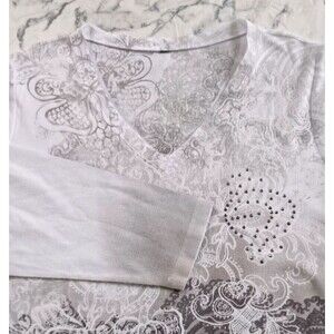 Women Shirt Top 2XL /XXL White Brown & Tan Paisley Floral Ombre Rhinestones Boho